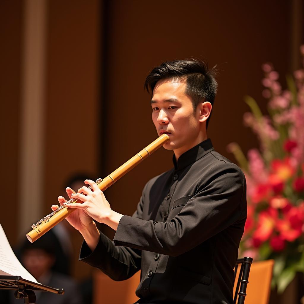 Hình ảnh nghệ sĩ thổi sáo của Trang Phục Hàng Xanh đang biểu diễn chuyên nghiệp tại sự kiện ở TPHCM.