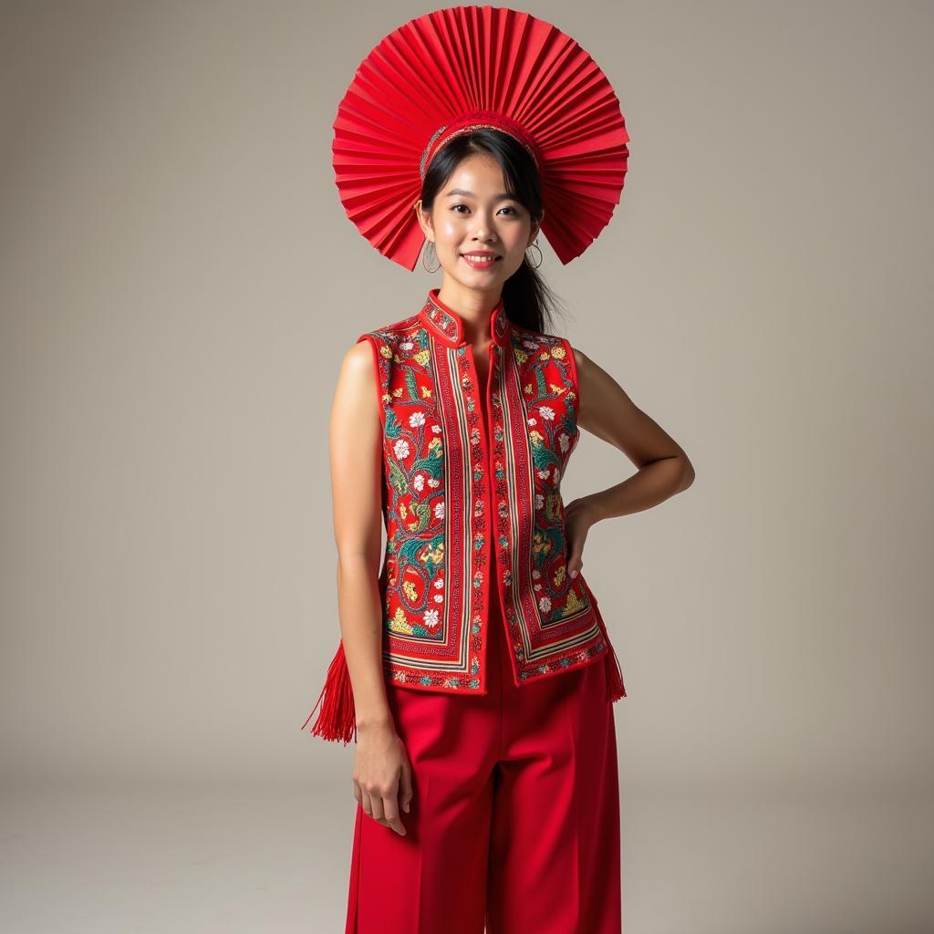 Người mẫu mặc bộ trang phục dân tộc Dao Đỏ đầy đủ phụ kiện cho thuê tại Trang Phục Hàng Xanh TPHCM.