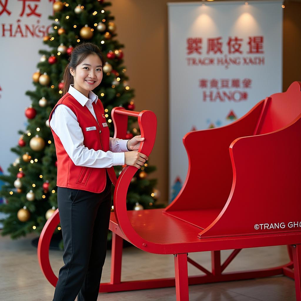 Nhân viên Trang Phục Hàng Xanh đang giao và lắp đặt xe trượt tuyết cho một sự kiện doanh nghiệp