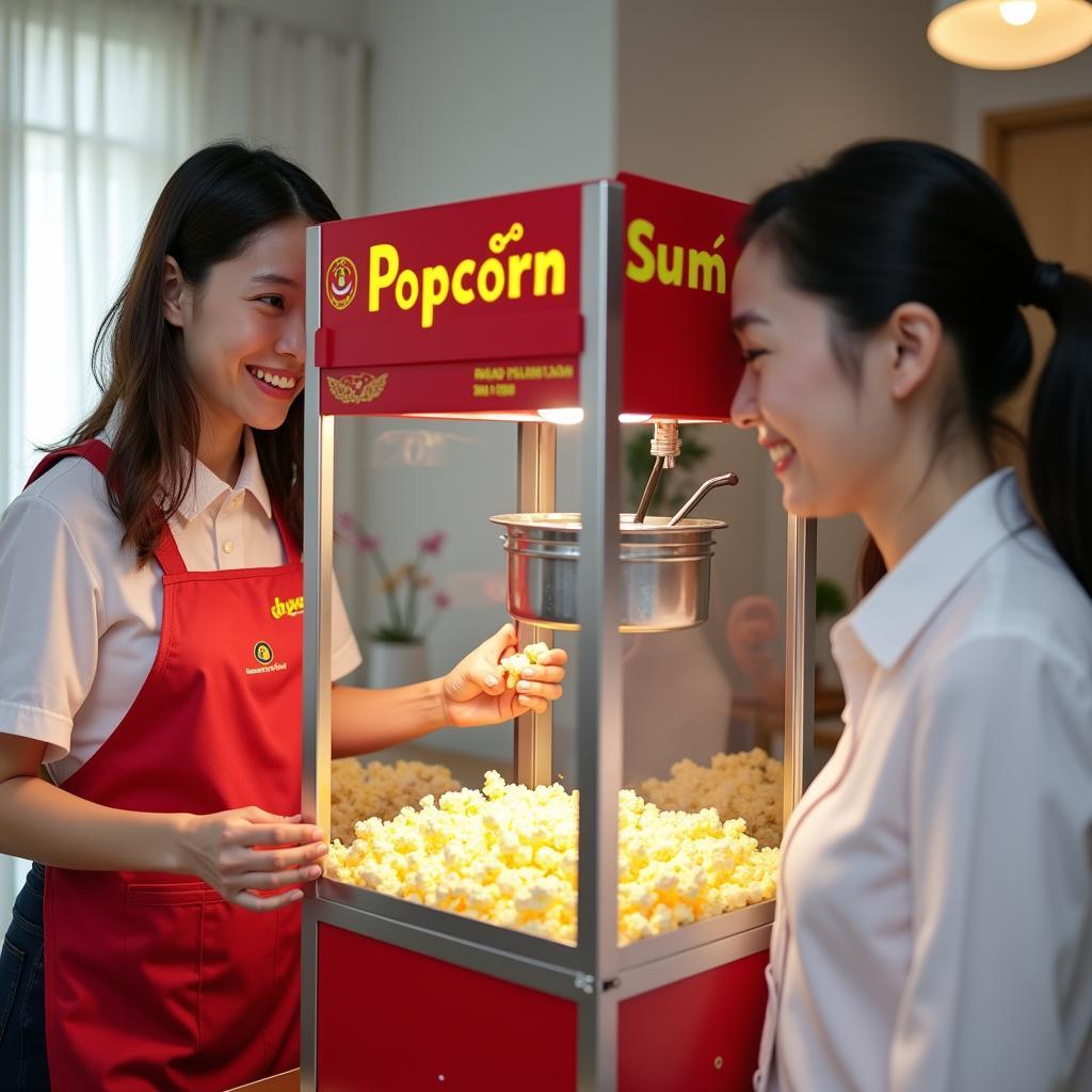 Nhân viên Trang Phục Hàng Xanh đang tận tình hướng dẫn khách hàng cách sử dụng máy làm bắp rang bơ thuê