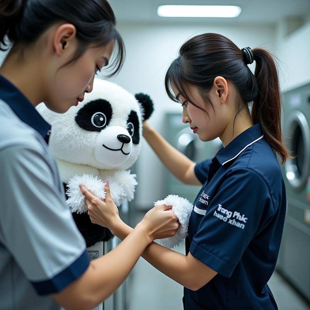 Nhân viên Trang Phục Hàng Xanh đang kiểm tra chất lượng và vệ sinh trang phục gấu trúc trước khi giao cho khách
