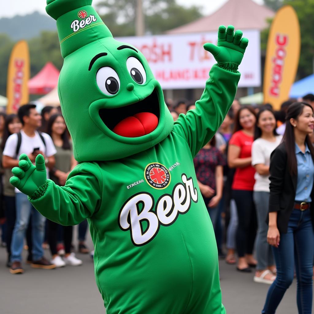 Hình ảnh nhân viên mặc mascot chai bia màu xanh lá cây đang vẫy tay chào, hoạt náo tại một sự kiện ngoài trời ở TPHCM
