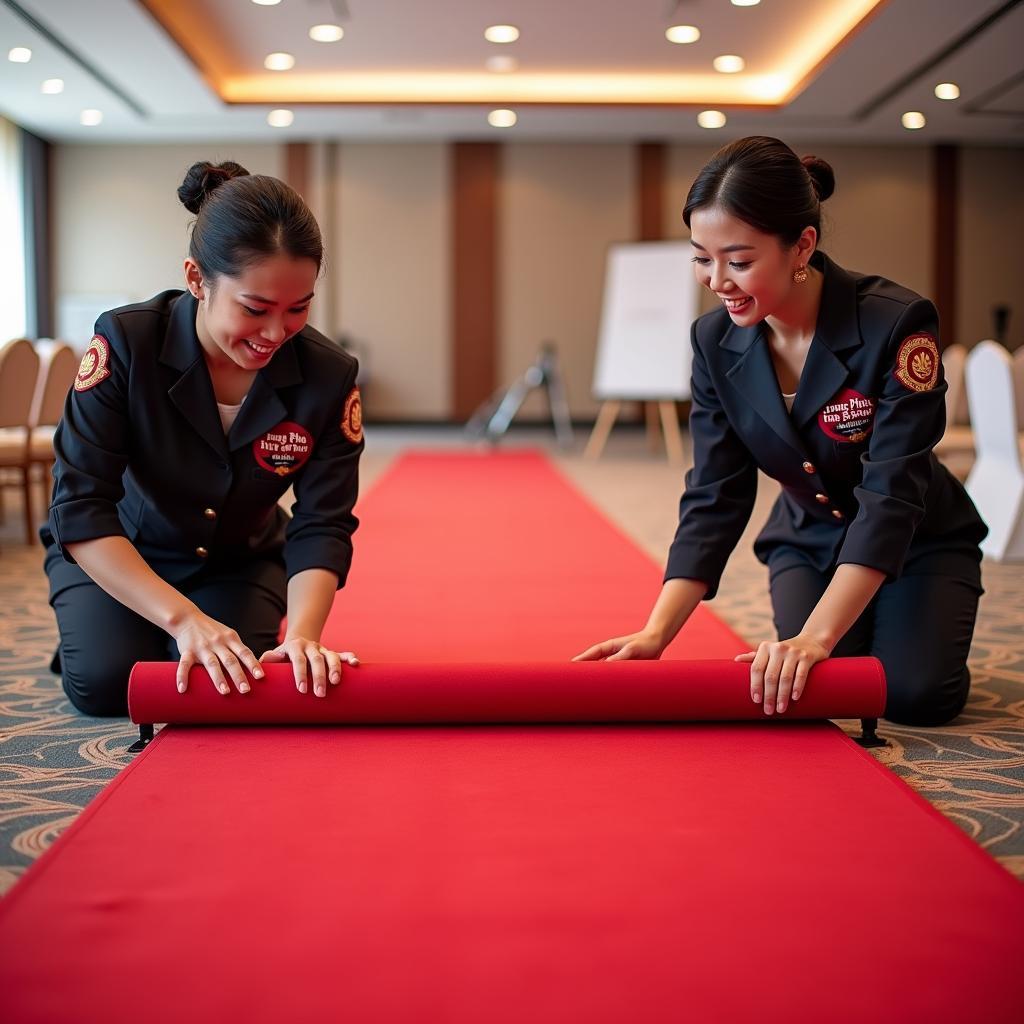 Nhân viên Trang Phục Hàng Xanh đang thi công, lắp đặt thảm catwalk màu đỏ chuyên nghiệp và nhanh chóng cho sự kiện tại TPHCM