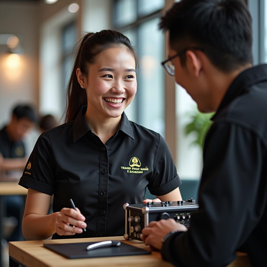 Nhân viên Trang Phục Hàng Xanh đang tư vấn tận tâm cho khách hàng về dịch vụ cho thuê amply sự kiện