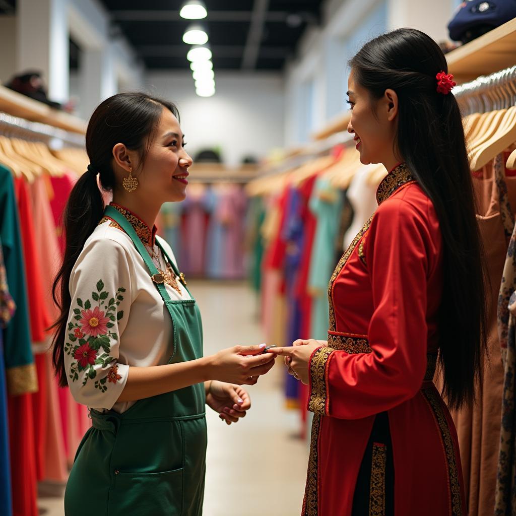 Nhân viên Trang Phục Hàng Xanh đang tư vấn cho khách hàng chọn thuê trang phục người Tày tại cửa hàng
