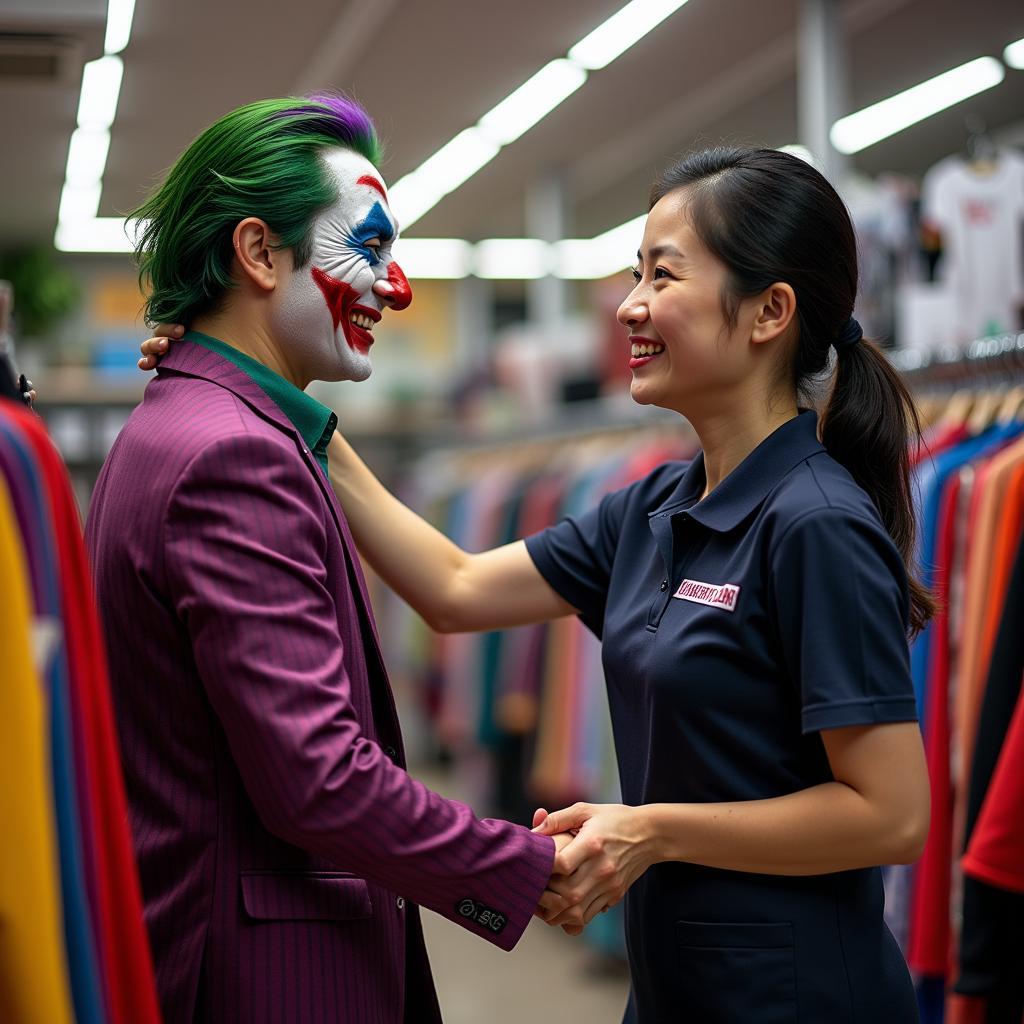 Nhân viên Trang Phục Hàng Xanh đang tư vấn tận tình cho khách hàng chọn thuê đồ Joker cho sự kiện Halloween