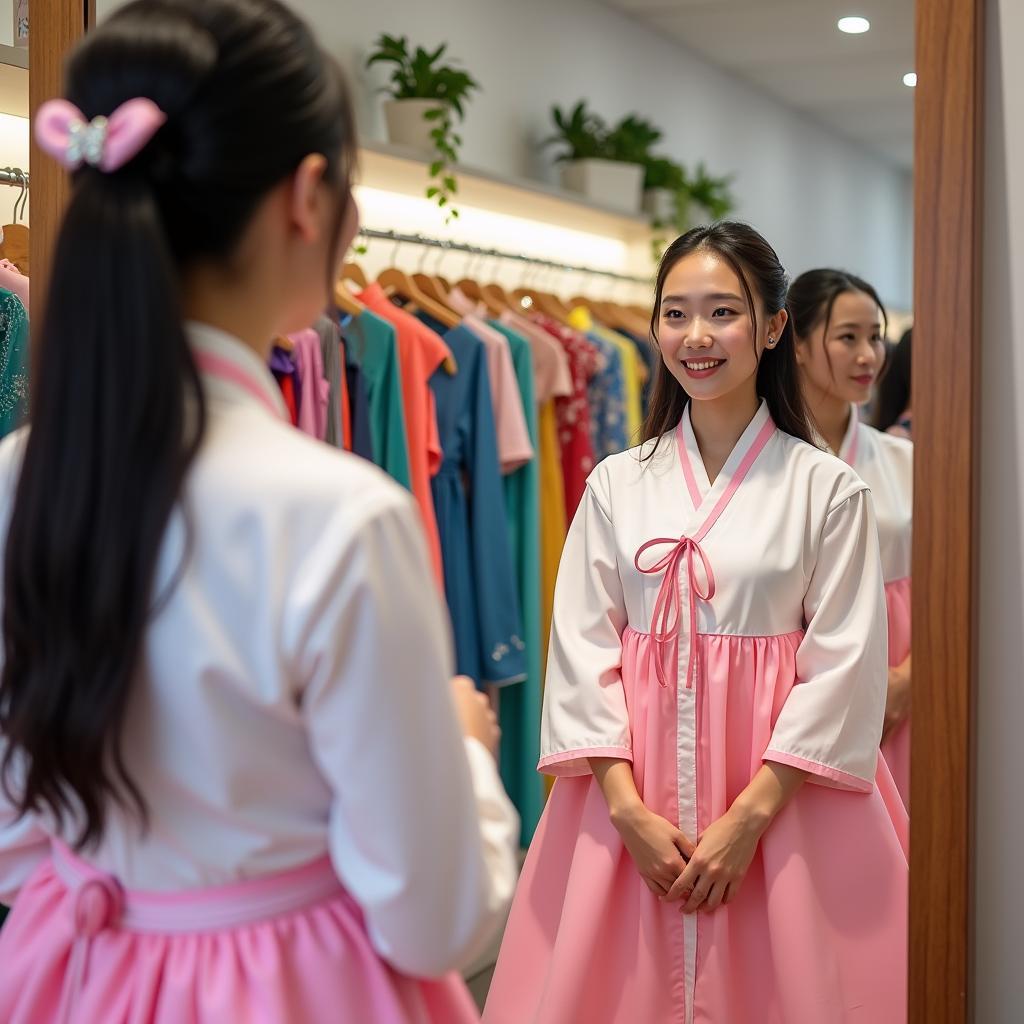 Nhân viên Trang Phục Hàng Xanh đang tư vấn nhiệt tình cho khách hàng nữ thử trang phục truyền thống Hàn Quốc