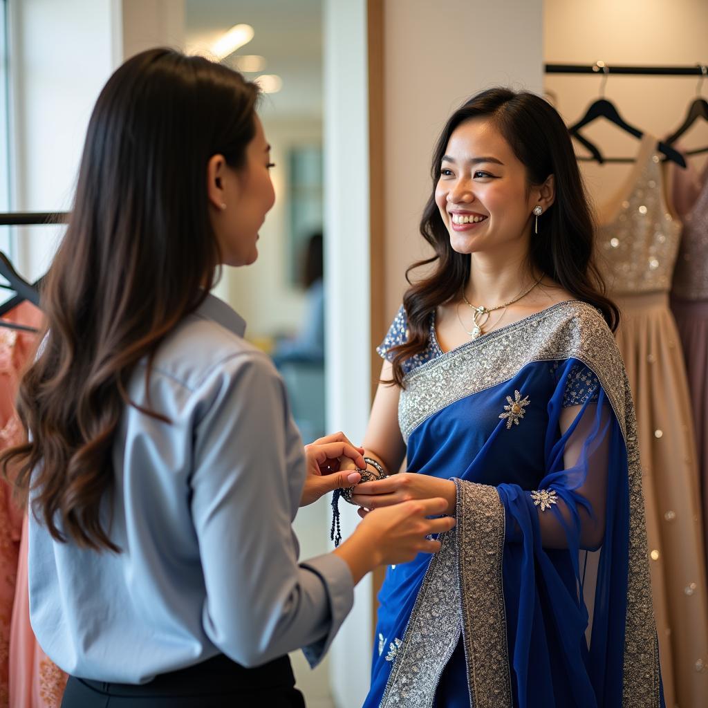 Nhân viên Trang Phục Hàng Xanh đang tư vấn tận tình cho khách hàng nữ chọn thuê trang phục Sari Ấn Độ tại cửa hàng