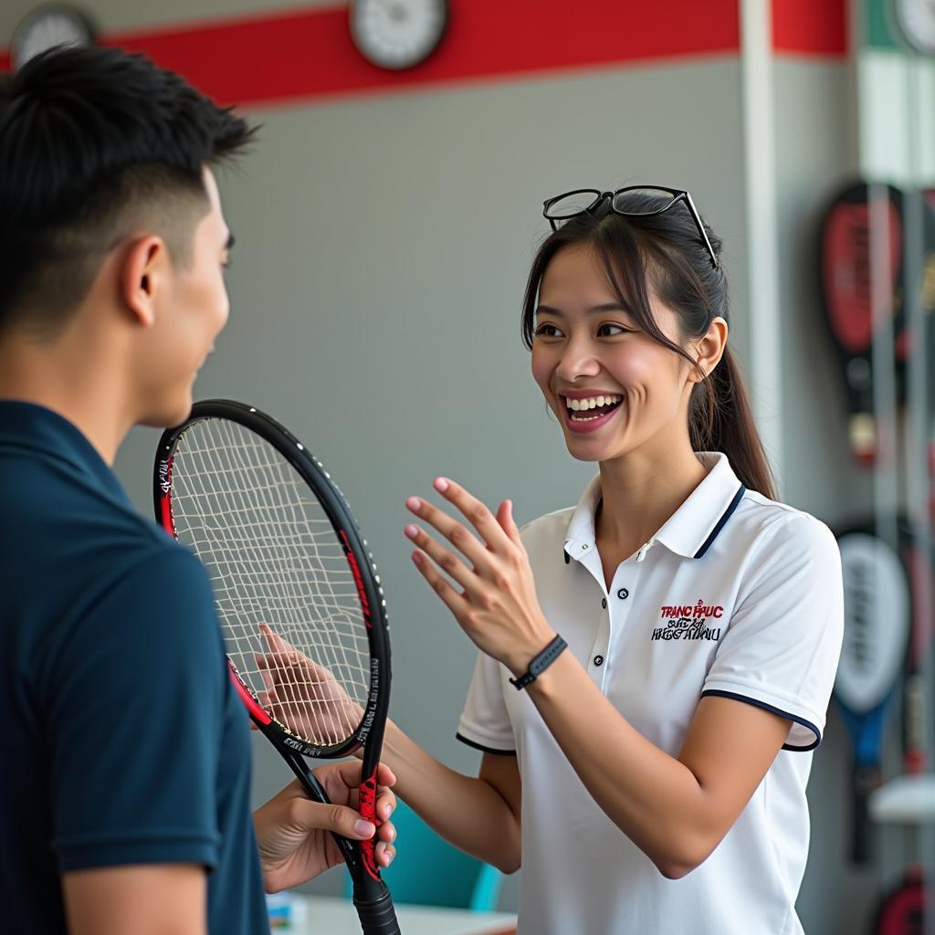 Nhân viên Trang Phục Hàng Xanh đang tư vấn tận tình cho khách hàng lựa chọn mẫu vợt tennis phù hợp để thuê