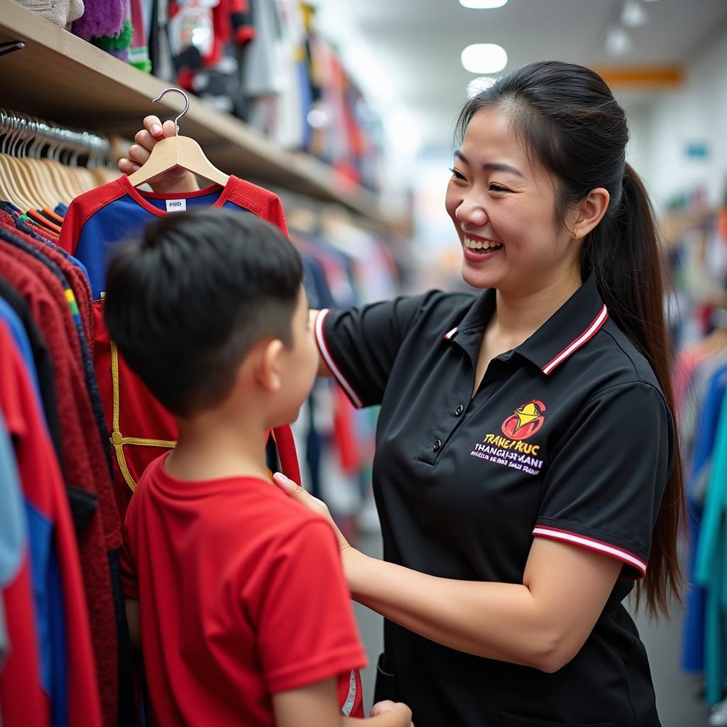 Nhân viên Trang Phục Hàng Xanh đang tư vấn tận tình cho phụ huynh chọn trang phục Halloween cho bé