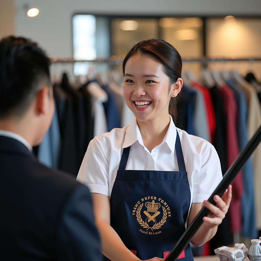 Nhân viên Trang Phục Hàng Xanh đang tư vấn khách hàng thuê dùi cui cảnh sát cho sự kiện