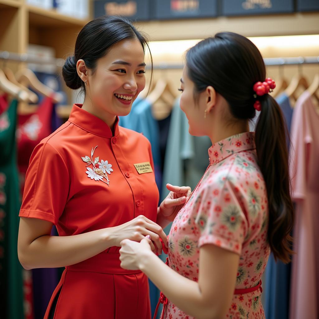 Nhân viên Trang Phục Hàng Xanh đang tận tình tư vấn cho khách hàng lựa chọn trang phục dân tộc Chăm phù hợp