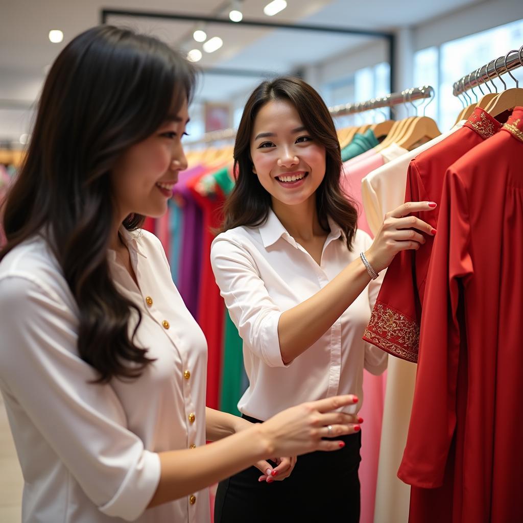 Nhân viên Trang Phục Hàng Xanh đang tận tình tư vấn cho khách hàng thuê trang phục ngày Tết