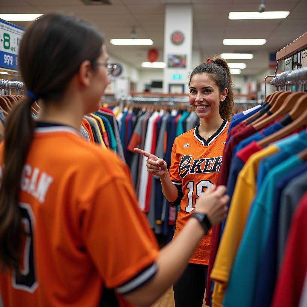 Nhân viên Trang Phục Hàng Xanh đang tư vấn tận tình cho khách hàng thuê đồ bóng rổ tại cửa hàng
