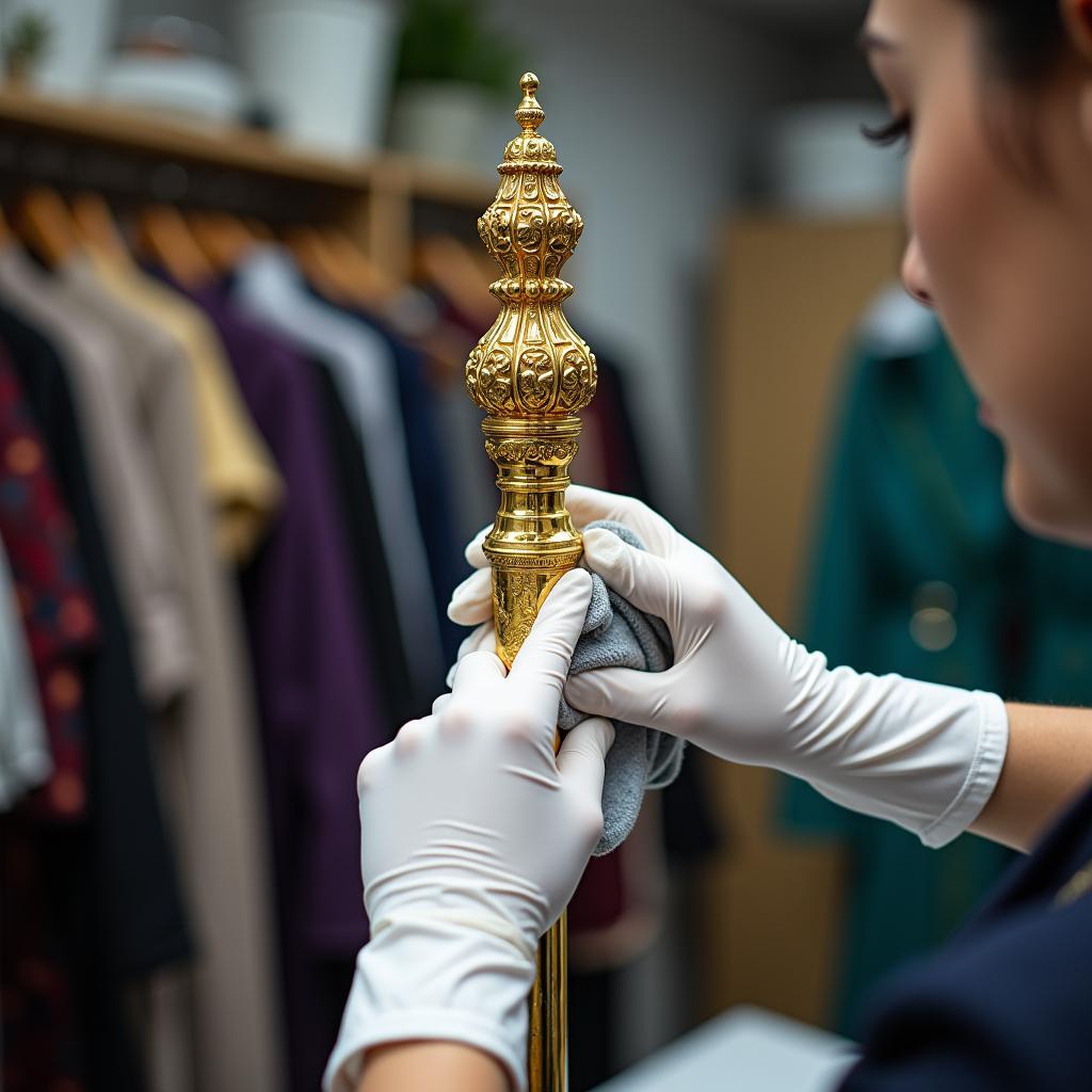 Nhân viên Trang Phục Hàng Xanh đang vệ sinh, bảo quản quyền trượng cho thuê một cách cẩn thận