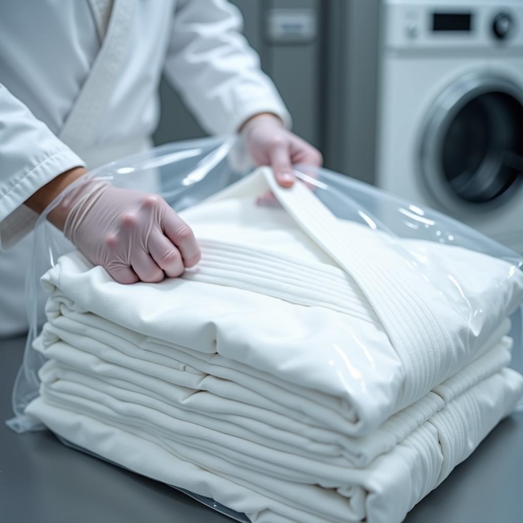 Quy trình giặt ủi và vệ sinh chuyên nghiệp trang phục võ Karatedo cho thuê tại Trang Phục Hàng Xanh