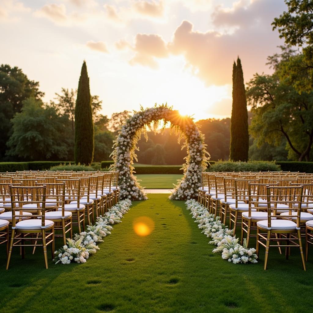 Dịch vụ cho thuê ghế Tiffany màu vàng gold trang trí tiệc cưới ngoài trời sang trọng và đẳng cấp tại TPHCM