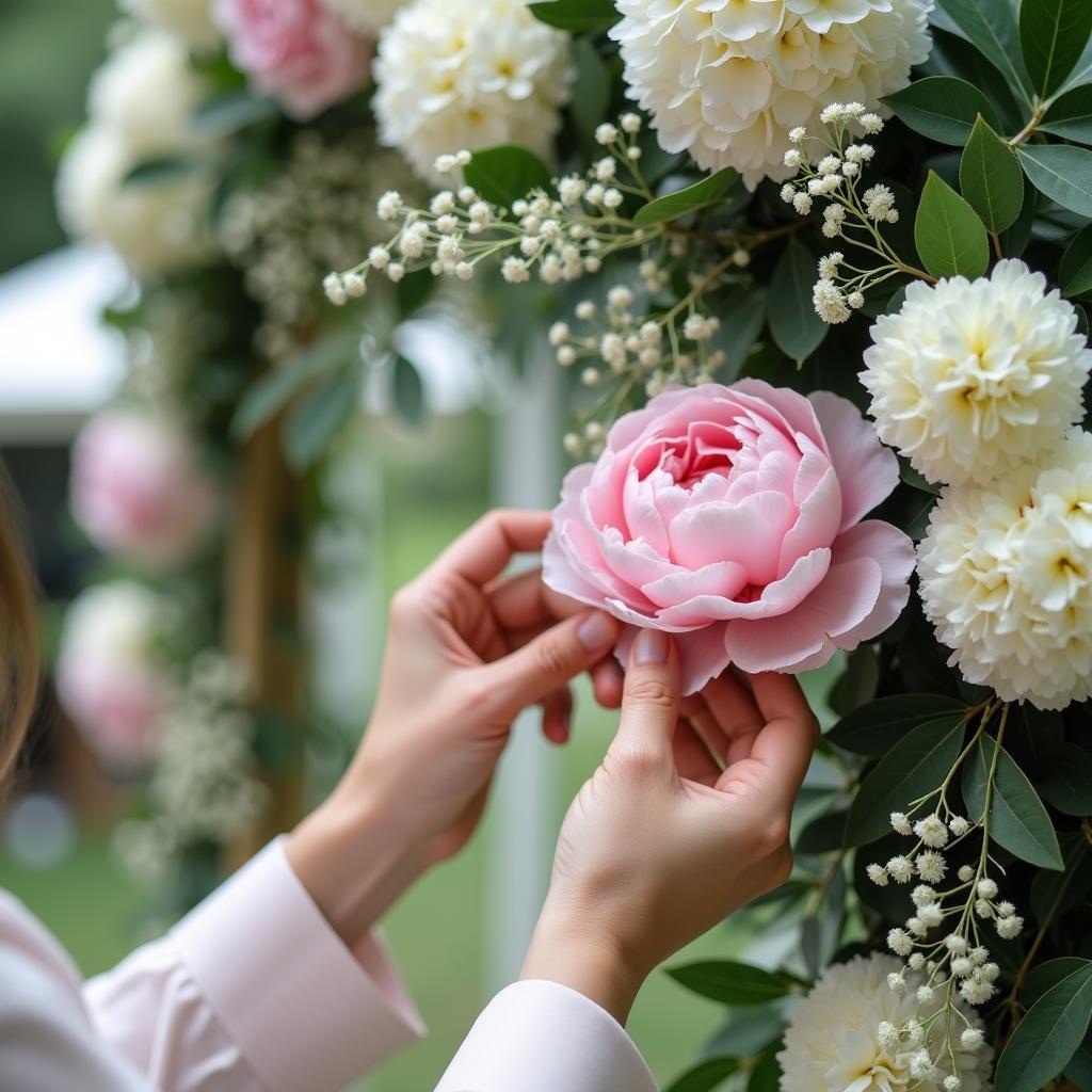 Thợ cắm hoa chuyên nghiệp của Trang Phục Hàng Xanh đang trang trí cổng hoa cưới lãng mạn tại một tiệc cưới ở TPHCM