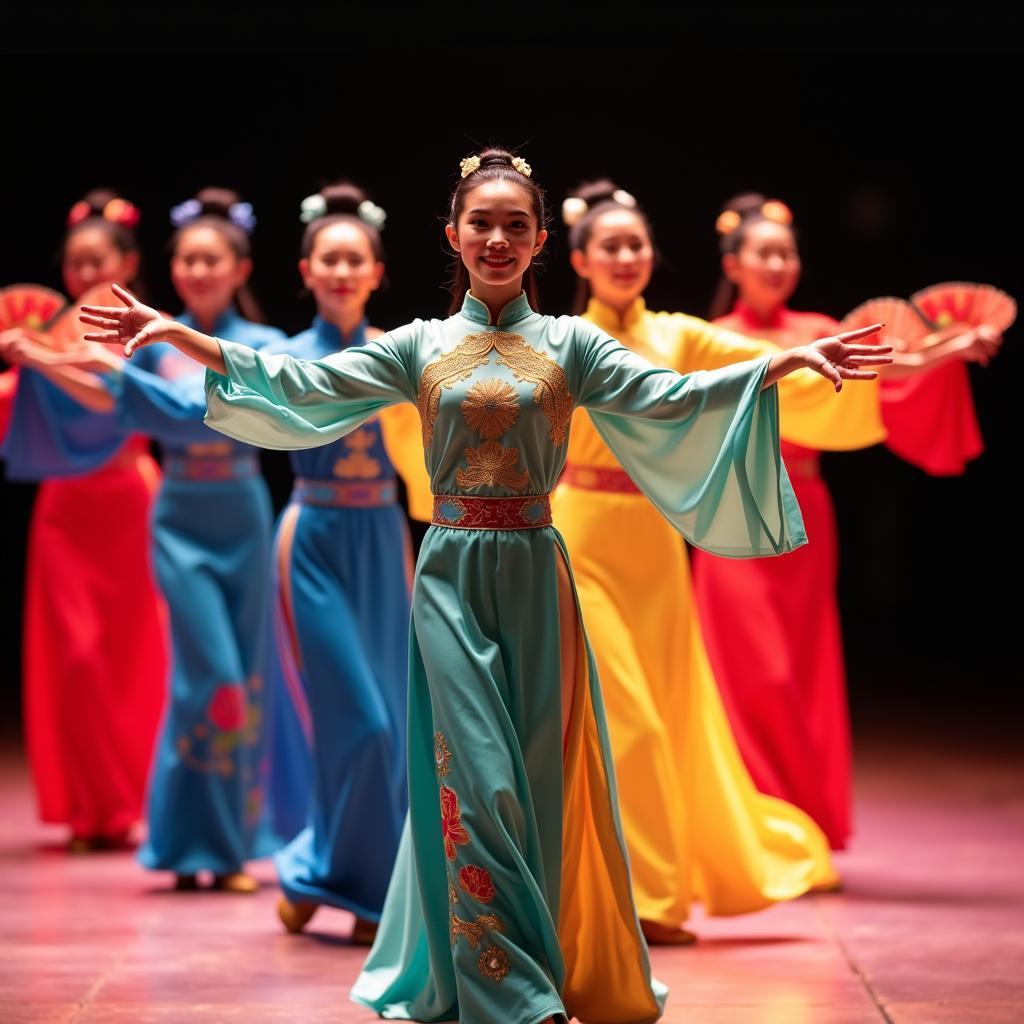 Các mẫu trang phục múa quạt tay dài đẹp, đa dạng phong cách cho thuê tại Trang Phục Hàng Xanh TPHCM.