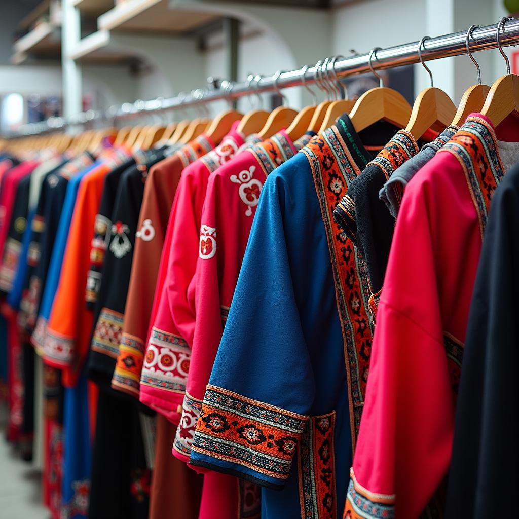 Dãy trang phục dân tộc Mèo được giặt ủi sạch sẽ, thơm tho, treo ngay ngắn trên giá tại cửa hàng Trang Phục Hàng Xanh