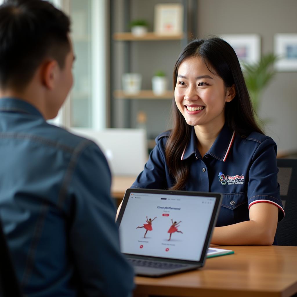 Nhân viên Trang Phục Hàng Xanh tư vấn dịch vụ cho thuê xiếc chuyên nghiệp cho khách hàng