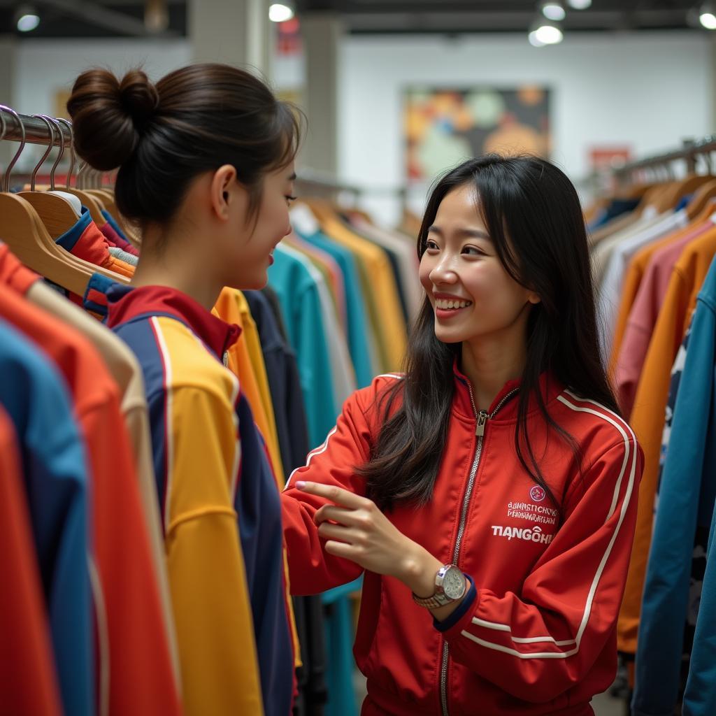 Nhân viên Trang Phục Hàng Xanh đang tư vấn tận tình cho khách hàng chọn thuê đồ thể thao vintage phong cách 80s 90s