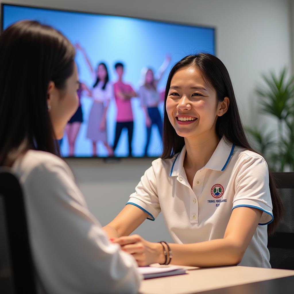 Nhân viên Trang Phục Hàng Xanh tư vấn cho khách hàng về dịch vụ thuê nhóm nhảy K-pop cover