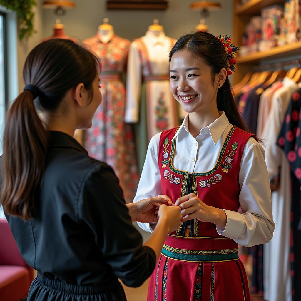 Nhân viên Trang Phục Hàng Xanh đang tư vấn tận tình cho khách hàng lựa chọn trang phục dân tộc Tày nữ phù hợp nhất.