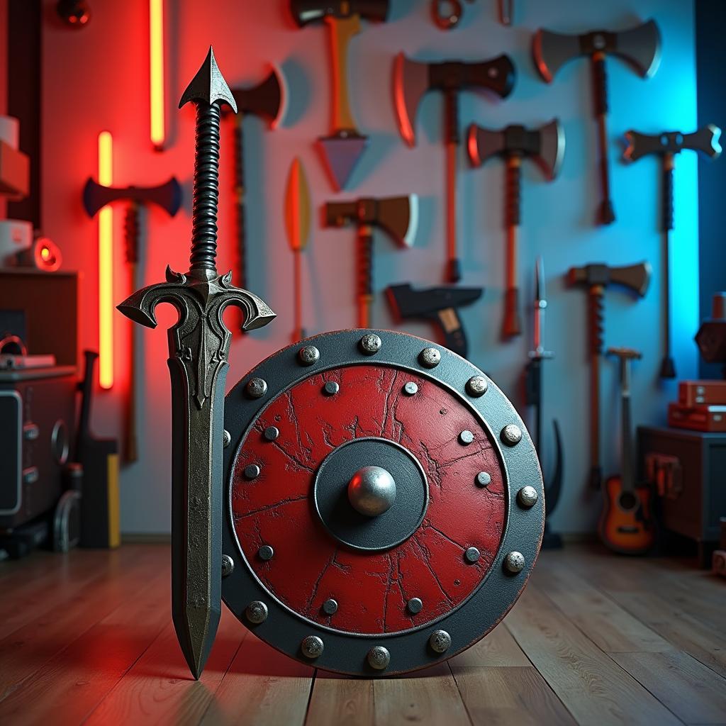 Bộ sưu tập các mẫu vũ khí foam cho thuê đa dạng tại TPHCM, bao gồm kiếm, rìu, và khiên.