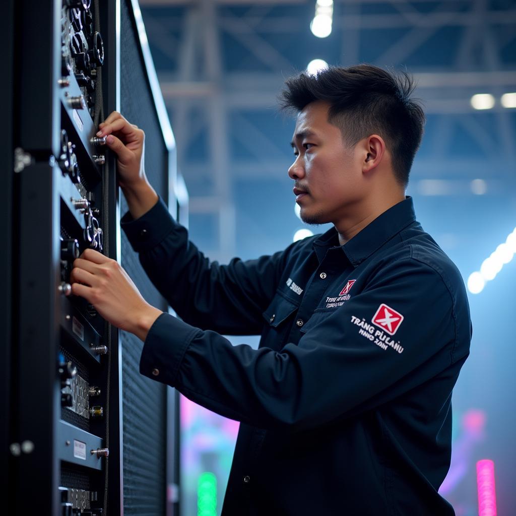 Kỹ thuật viên của Trang Phục Hàng Xanh đang lắp đặt dàn loa array chuyên nghiệp cho một sự kiện tại TPHCM